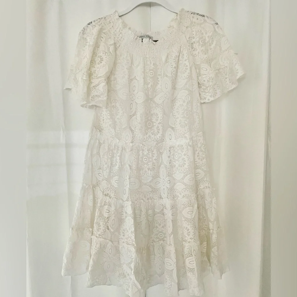 White Ruffled Pleated lace small women’s midi lined dress milkmaid coquette